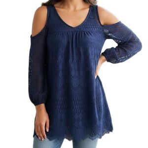 Lily White‎ Navy blue Lace Cold Shoulder Crochet Top Size Small NWT